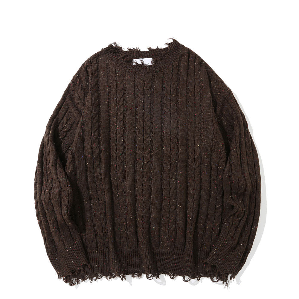 Pure Color Jacquard Twist Ripped Sweater Men's High Street Idle Style