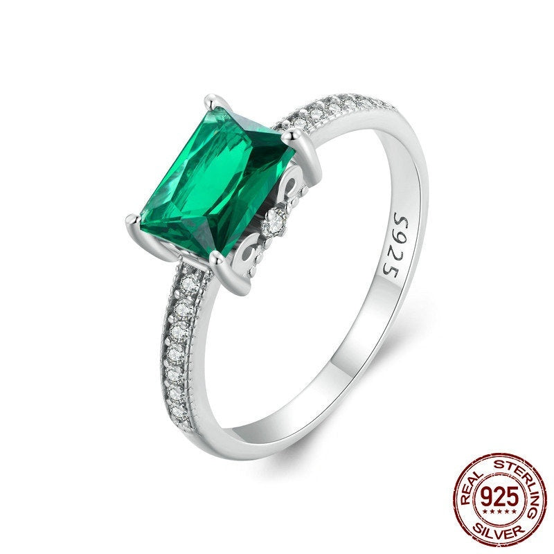 S925 Sterling Silver White Gold Plated Green Ring