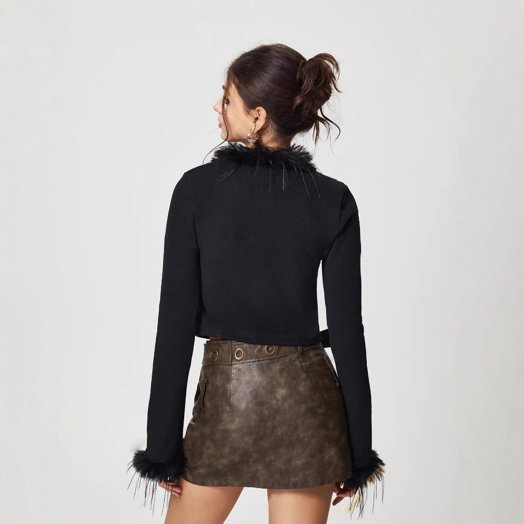 Women's European And American Plush V-neck Short Cardigan Top